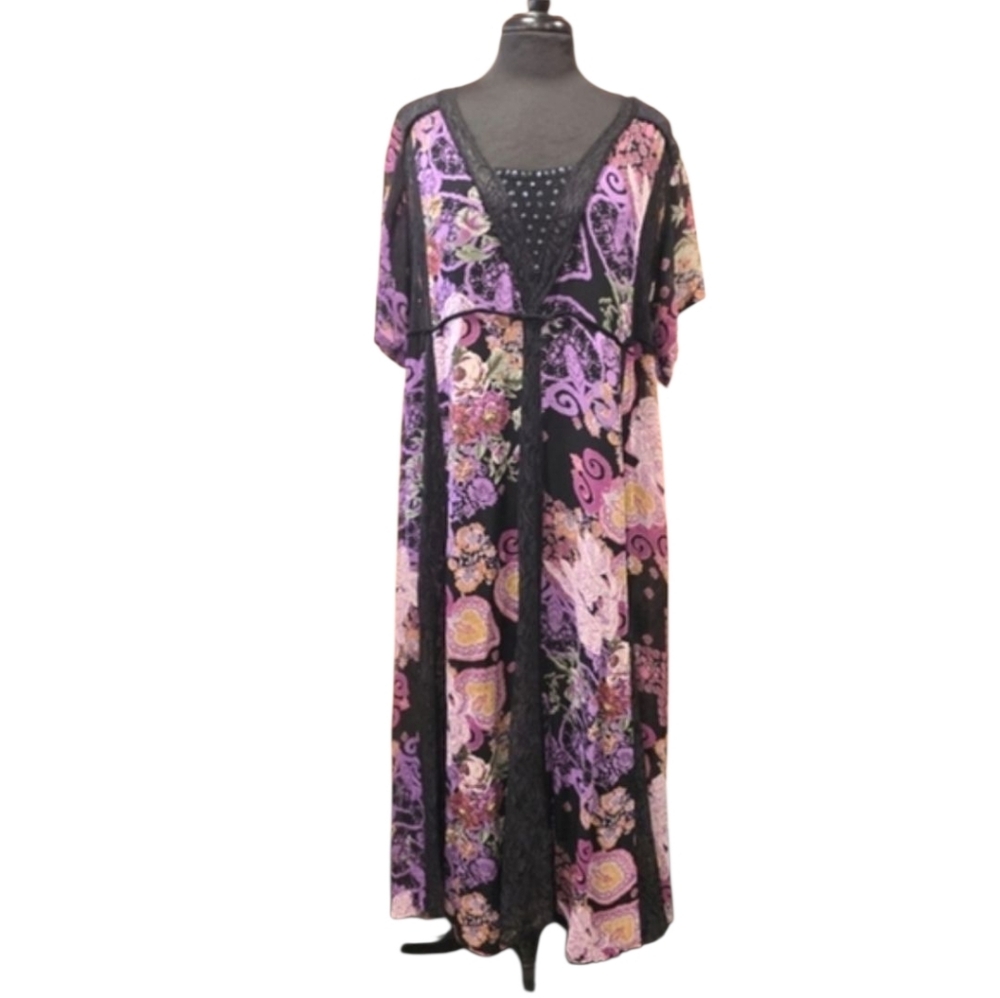 Vintage 90s Whimsigoth Dress Large Witchy Black & Purple Floral Maxi Patchwork
